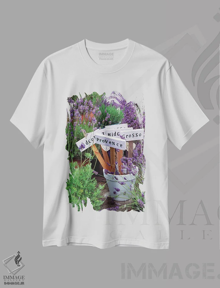 تیشرت سفید طرح دار انواع اسطوخودوس در گلدان، تزئینی اثر جِنل دیویدسون | فروشگاه ایماژ