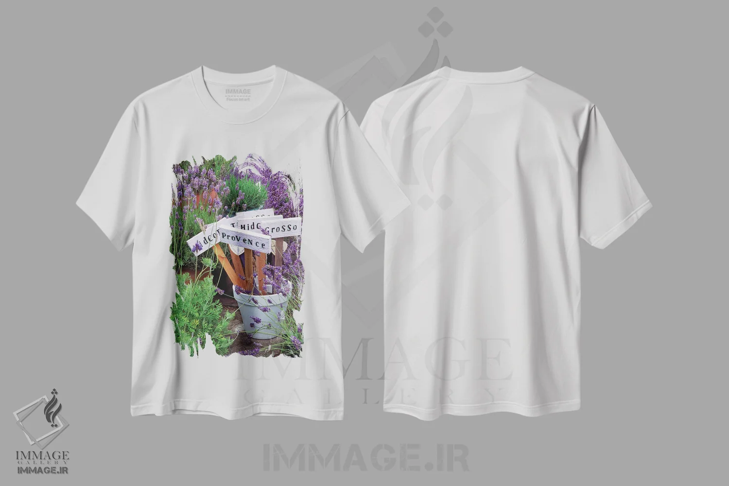 تیشرت سفید طرح دار انواع اسطوخودوس در گلدان، تزئینی اثر جِنل دیویدسون | فروشگاه ایماژ