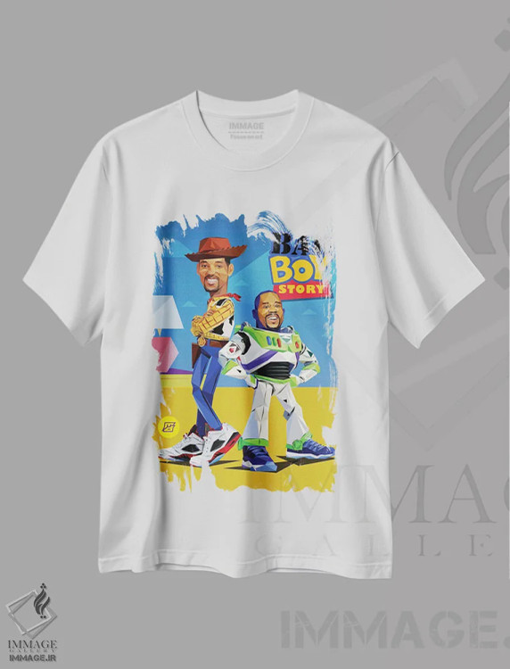 تیشرت سفید طرح دار داستان پسر بد، هنر آمریکایی آفریقایی تبار اثر مایکل جرماین داوتی | immage.ir