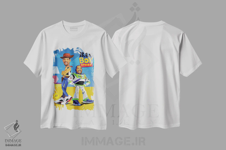تیشرت سفید طرح دار داستان پسر بد، هنر آمریکایی آفریقایی تبار اثر مایکل جرماین داوتی | immage.ir