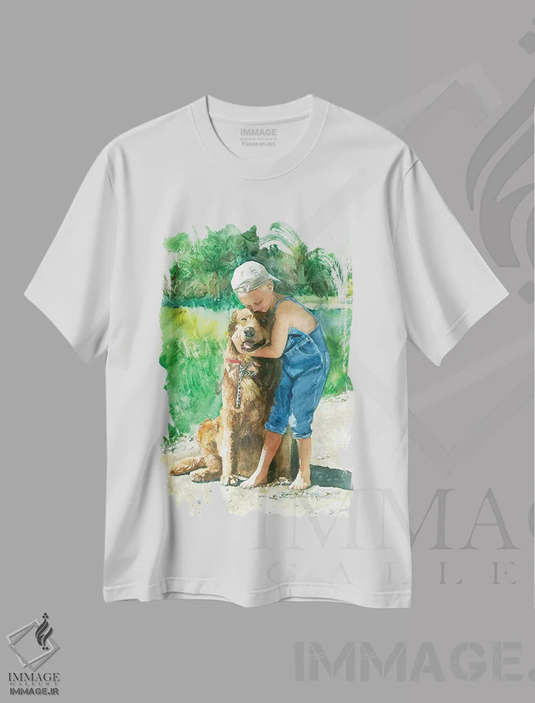 تیشرت سفید طرح دار بوسه خداحافظی پسر و سگ، تزئینی اثر جودیت استاین | فروشگاه ایماژ