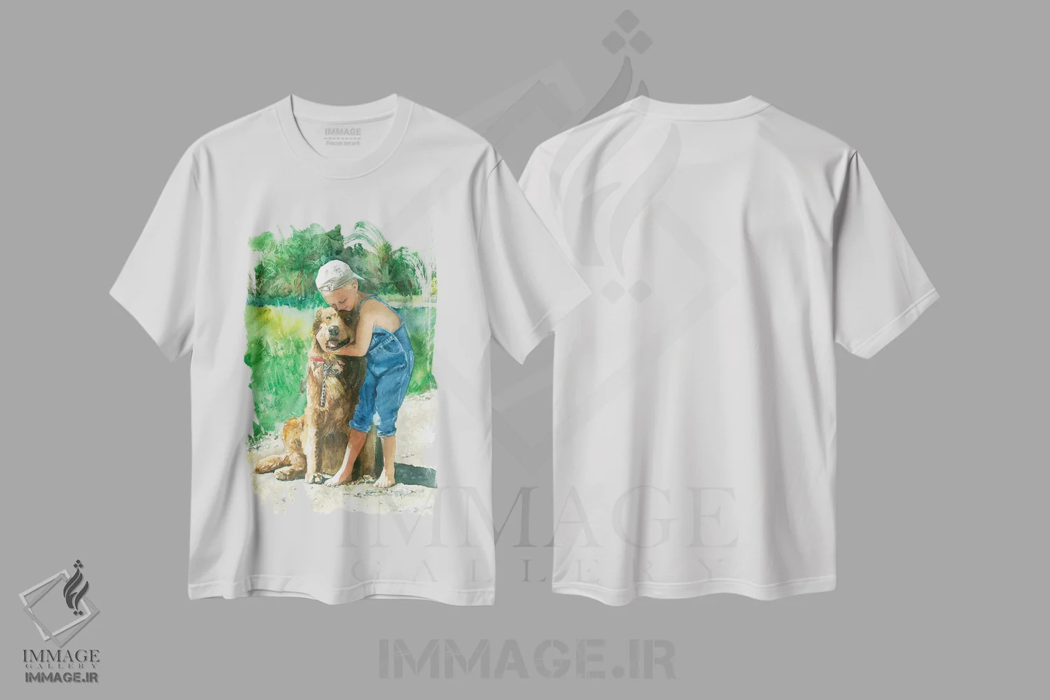 تیشرت سفید طرح دار بوسه خداحافظی پسر و سگ، تزئینی اثر جودیت استاین | فروشگاه ایماژ
