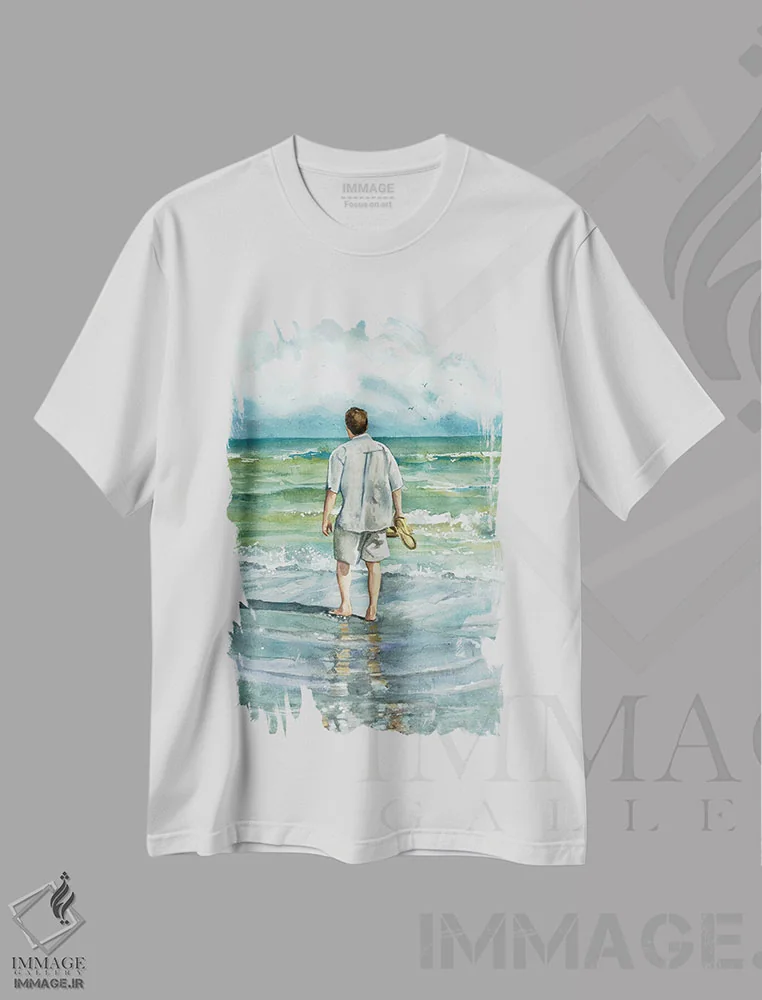 تیشرت سفید طرح دار قدم زنی کنار دریا، دکور ساحلی اثر جودیت استاین | immage.ir