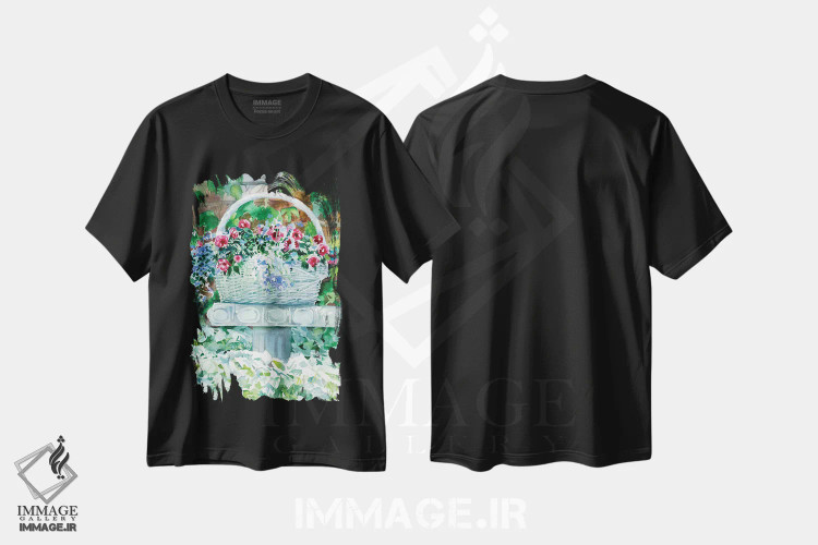 تیشرت مشکی طرح دار سبد گل، دکور معاصر اثر جودیت استاین | فروشگاه ایماژ