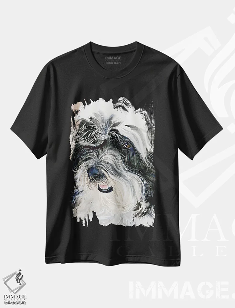 تیشرت مشکی طرح دار سگ ابریشمی هاوانا، هنر فاخر معاصر اثر جودیت استاین | فروشگاه ایماژ