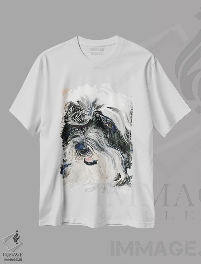 تیشرت سفید طرح دار سگ ابریشمی هاوانا، هنر فاخر معاصر اثر جودیت استاین | immage.ir