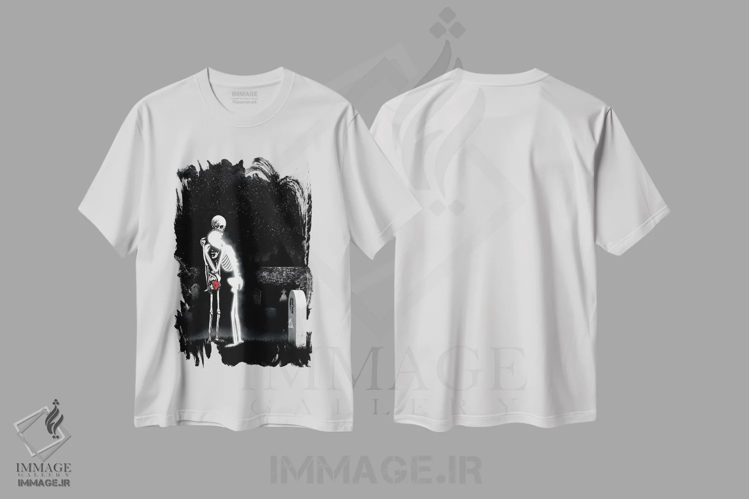 تیشرت سفید طرح دار بی تو شکسته ام، دکوراسیون جایگزین اثر جنید مورتیمر | immage.ir