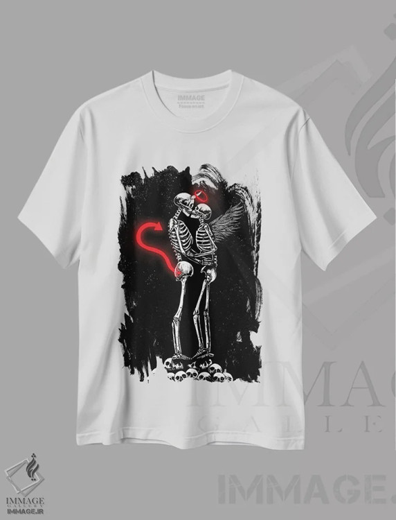 تیشرت سفید طرح دار بهشت می تواند صبر کند، دکوراسیون جایگزین اثر جنید مورتیمر | فروشگاه ایماژ