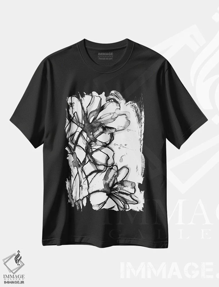 تیشرت مشکی طرح دار شکوفه های قلم مو یک، آبستره اثر جولیا دی سانو | فروشگاه ایماژ