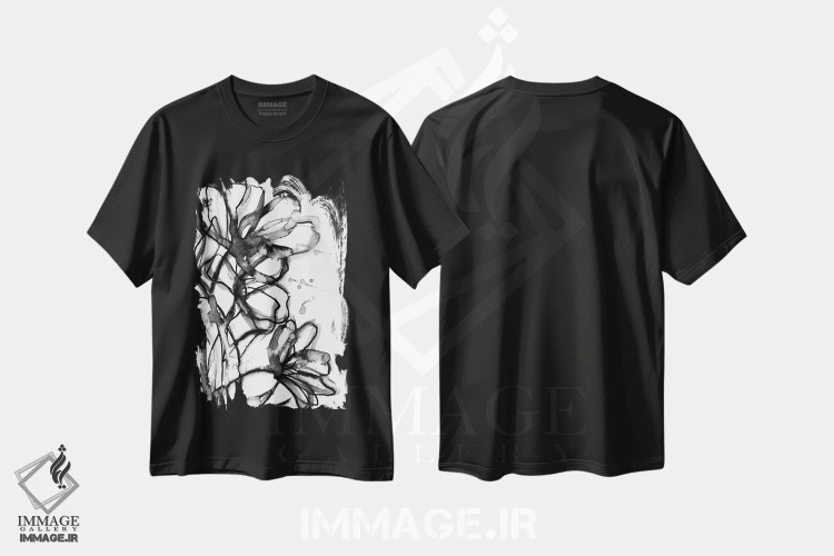 تیشرت مشکی طرح دار شکوفه های قلم مو یک، آبستره اثر جولیا دی سانو | فروشگاه ایماژ