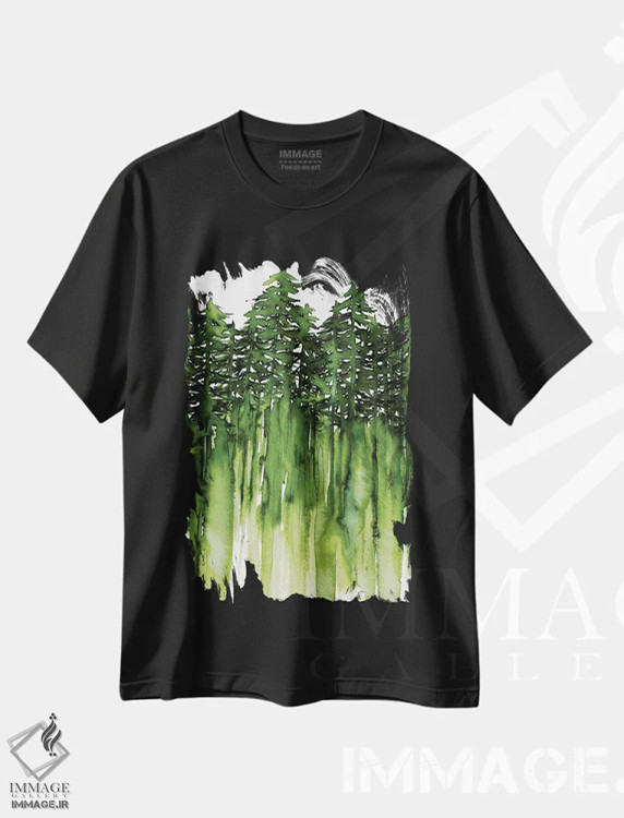 تیشرت مشکی طرح دار جنگل میان درختان یک، دکور معاصر اثر جولیا دی سانو | فروشگاه ایماژ