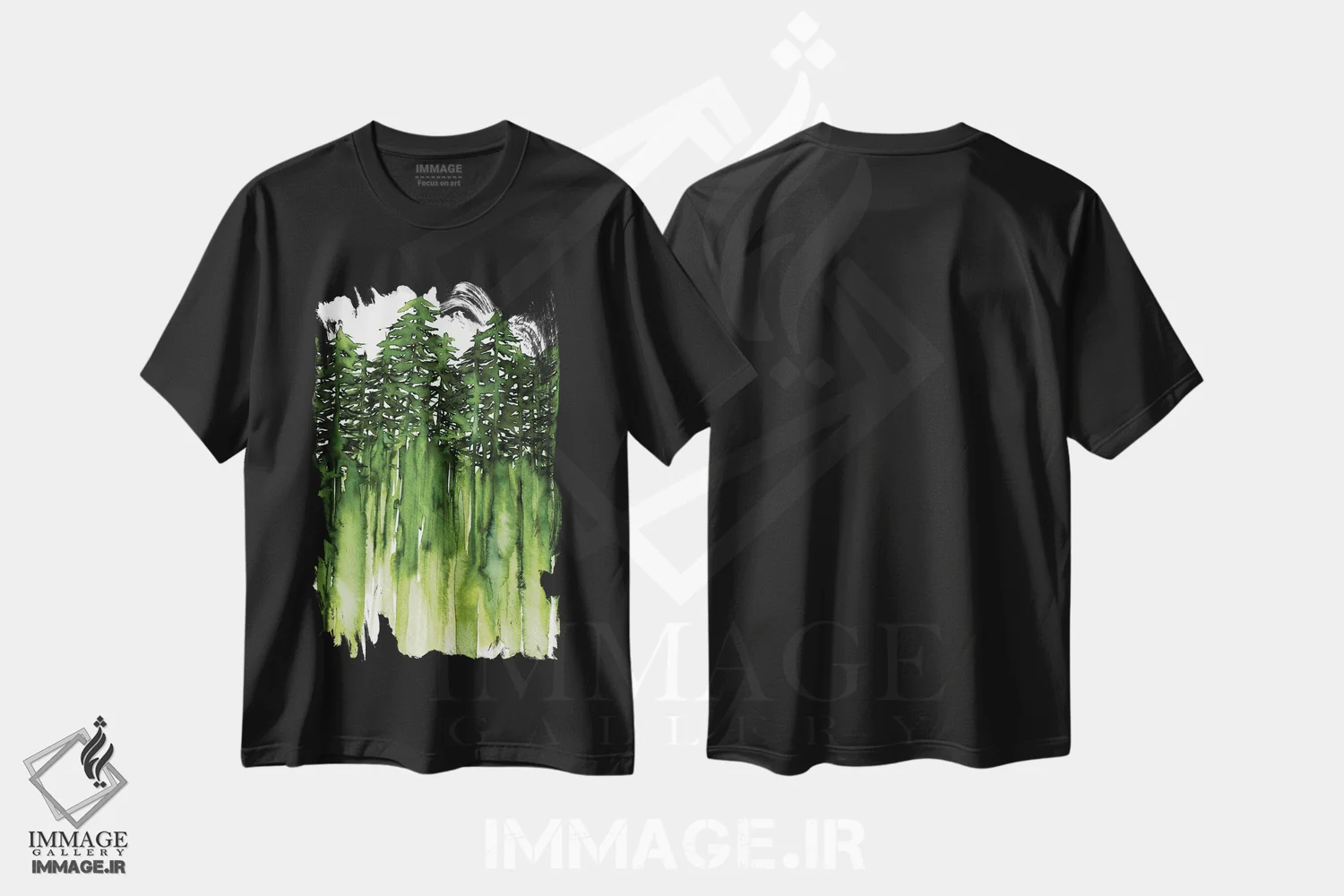 تیشرت مشکی طرح دار جنگل میان درختان یک، دکور معاصر اثر جولیا دی سانو | فروشگاه ایماژ