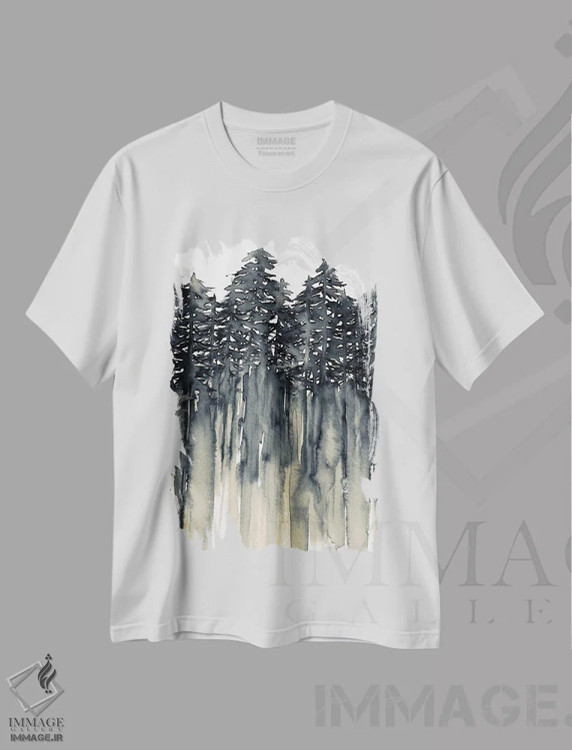 تیشرت سفید طرح دار جنگل میان درختان دو، دکور معاصر اثر جولیا دی سانو | فروشگاه ایماژ