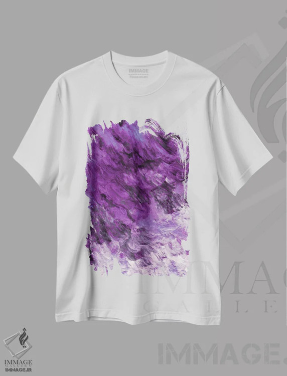 تیشرت سفید طرح دار جزر و مد تیره V بنفش آلو اثر جولیا دی سانو | فروشگاه ایماژ