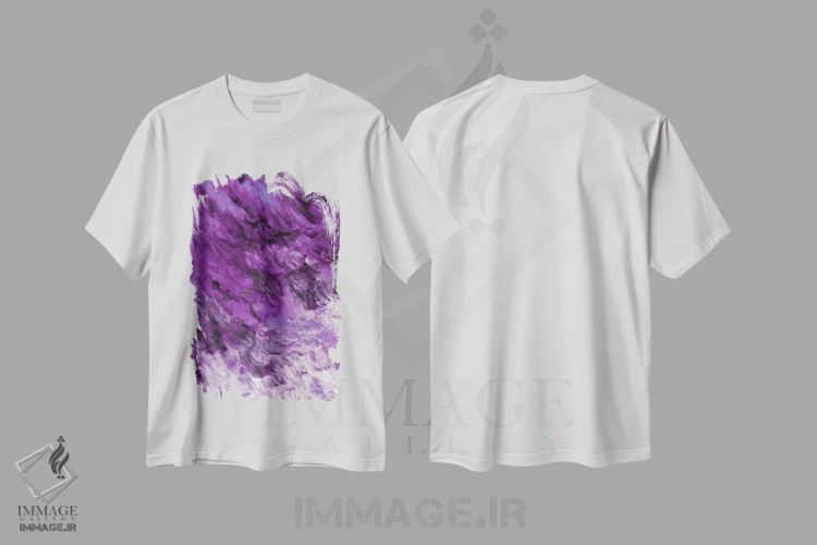تیشرت سفید طرح دار جزر و مد تیره V بنفش آلو اثر جولیا دی سانو | فروشگاه ایماژ