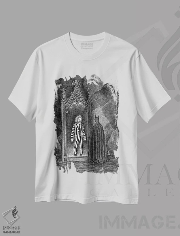 تیشرت سفید طرح دار شبح پشت خفاش، نقاشی و تصویرگری سیاه و سفید اثر جی.ای. لارسون | فروشگاه ایماژ