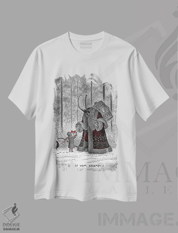 تیشرت سفید طرح دار هدیه ای برای کرامپوس، نقاشی و تصویرگری سیاه و سفید اثر جی.ای. لارسون | immage.ir