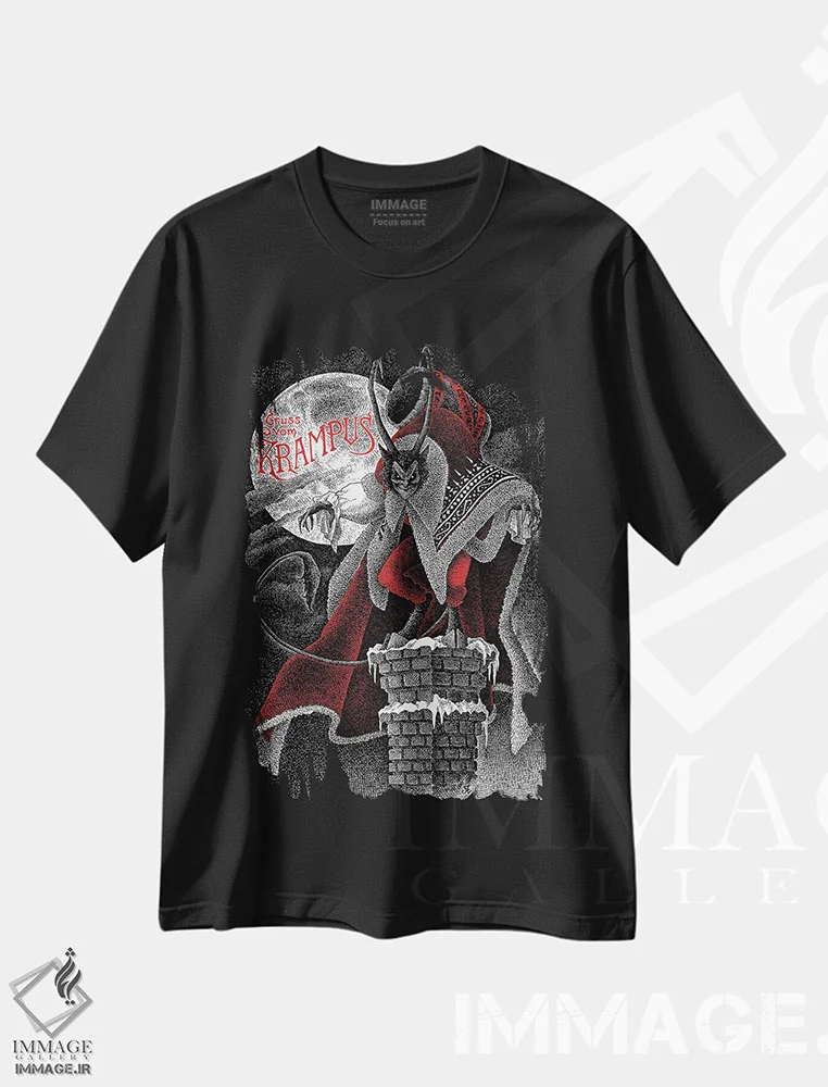 تیشرت مشکی طرح دار سلام از طرف کرامپوس، نقاشی و تصویرگری سیاه و سفید اثر جی.ای. لارسون | فروشگاه ایماژ
