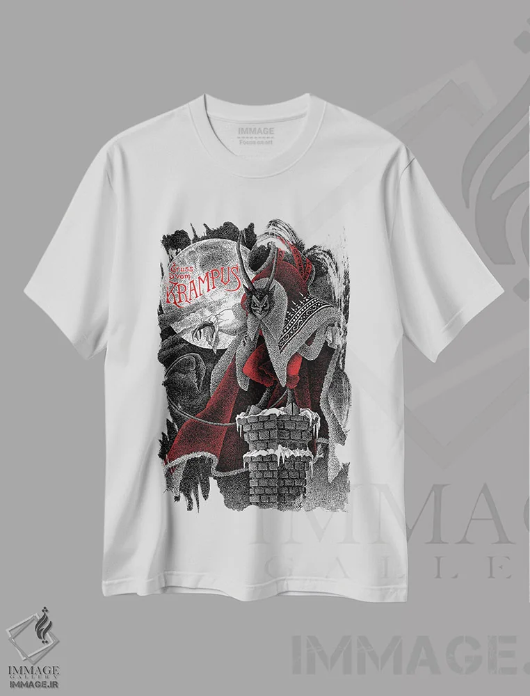 تیشرت سفید طرح دار سلام از طرف کرامپوس، نقاشی و تصویرگری سیاه و سفید اثر جی.ای. لارسون | immage.ir
