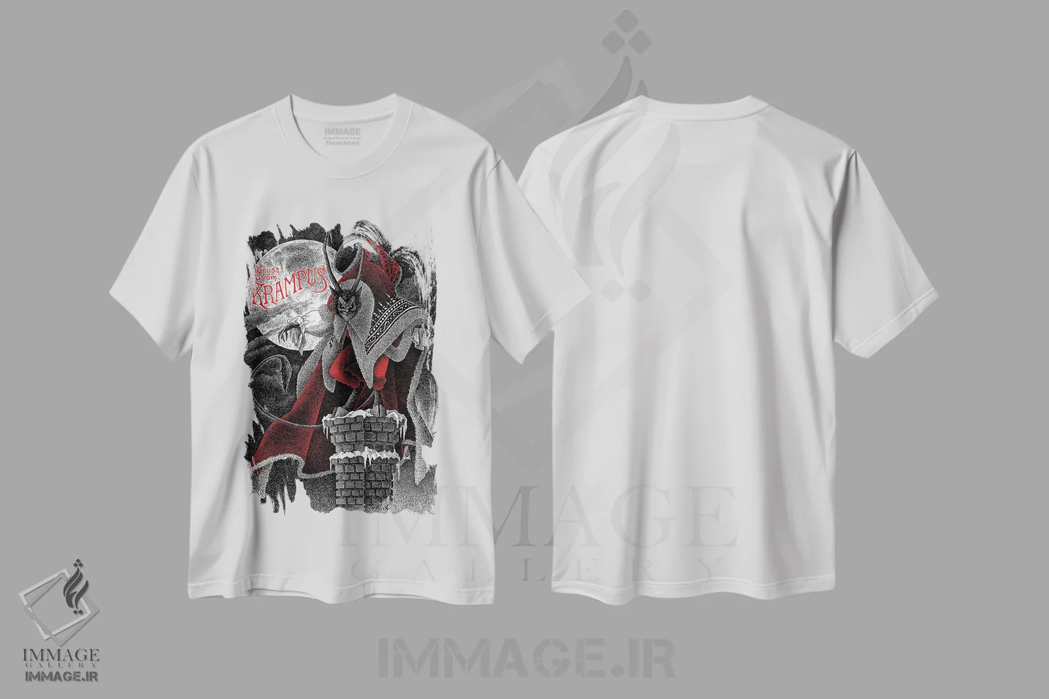 تیشرت سفید طرح دار سلام از طرف کرامپوس، نقاشی و تصویرگری سیاه و سفید اثر جی.ای. لارسون | immage.ir