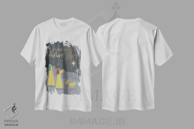 تیشرت سفید طرح دار بیایید او را ستایش کنیم، تابلو و عبار ت های کریسمسی اثر جنیفر اللوری | immage.ir