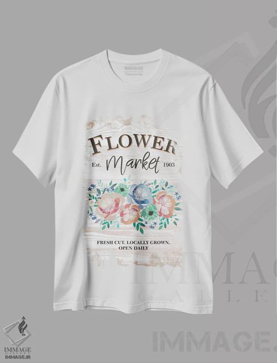 تیشرت سفید طرح دار بازار گل، دکور روستایی اثر جنیفر اللوری | فروشگاه ایماژ