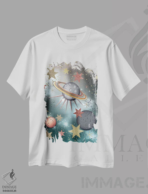 تیشرت سفید طرح دار سیاره های پرستاره، هنر دیجیتال اثر جنیفر اللوری | فروشگاه ایماژ