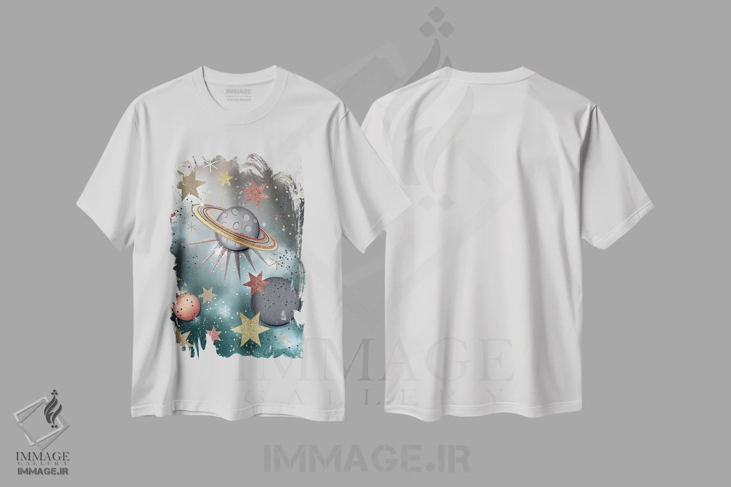 تیشرت سفید طرح دار سیاره های پرستاره، هنر دیجیتال اثر جنیفر اللوری | فروشگاه ایماژ