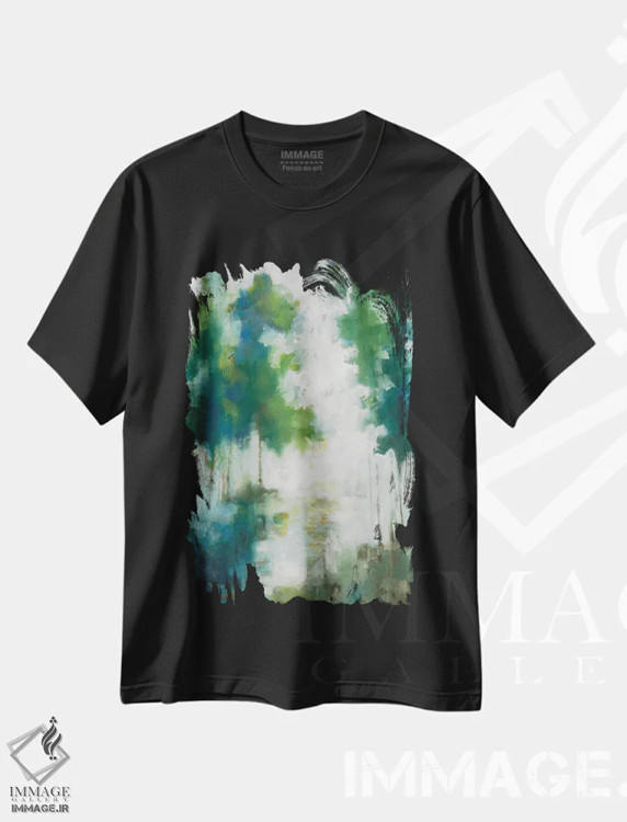 تیشرت مشکی طرح دار درختان خانه دریاچه ای، دکور معاصر اثر ژاکلین النز | فروشگاه ایماژ