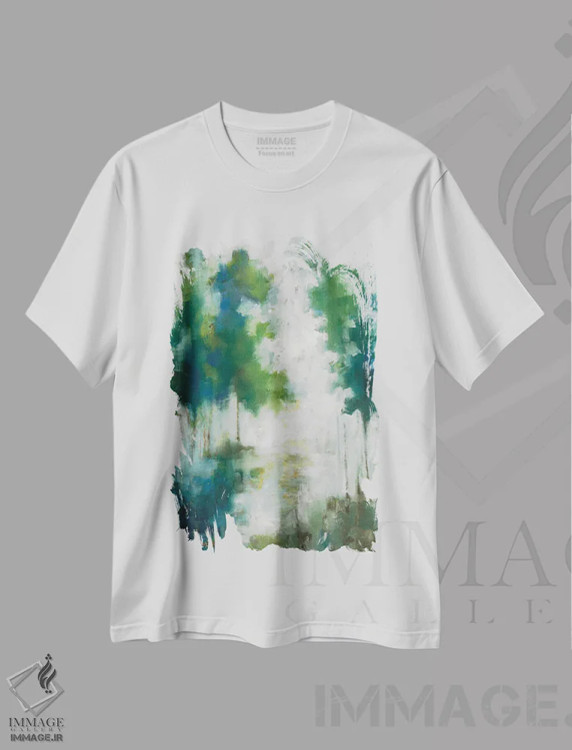 تیشرت سفید طرح دار درختان خانه دریاچه ای، دکور معاصر اثر ژاکلین النز | immage.ir