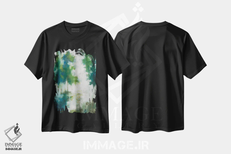تیشرت مشکی طرح دار درختان خانه دریاچه ای، دکور معاصر اثر ژاکلین النز | فروشگاه ایماژ