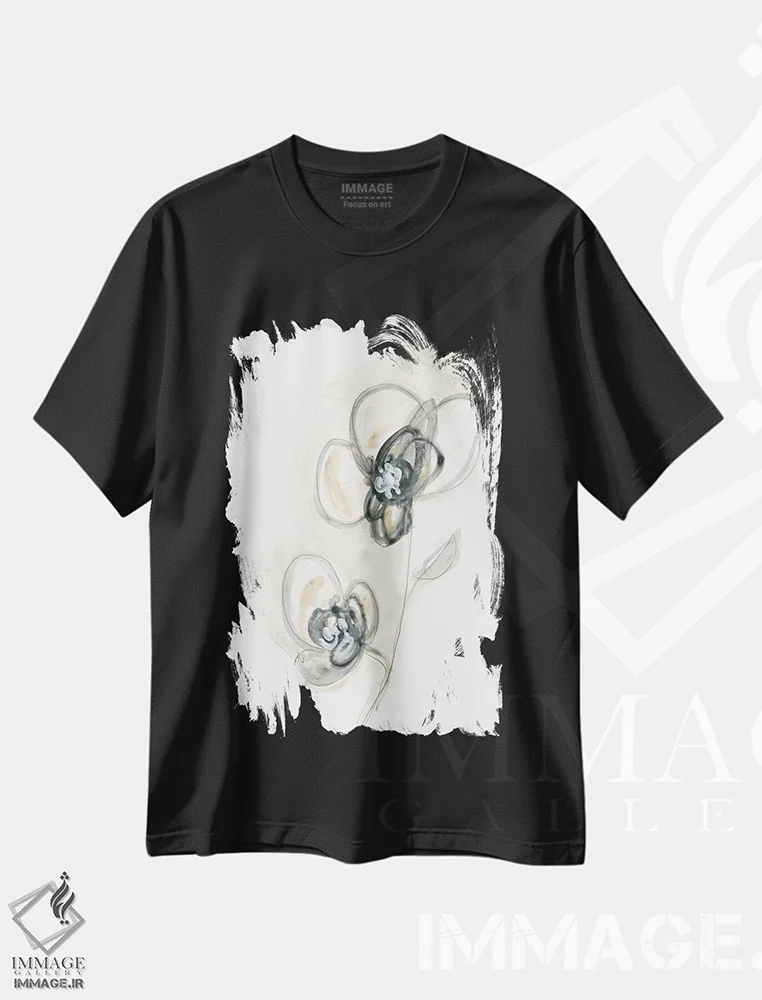 تیشرت مشکی طرح دار مطالعه گل تک رنگ ۲، تزئینی اثر جون اریکا وس | فروشگاه ایماژ