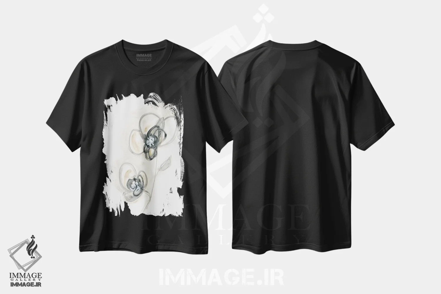 تیشرت مشکی طرح دار مطالعه گل تک رنگ ۲، تزئینی اثر جون اریکا وس | فروشگاه ایماژ