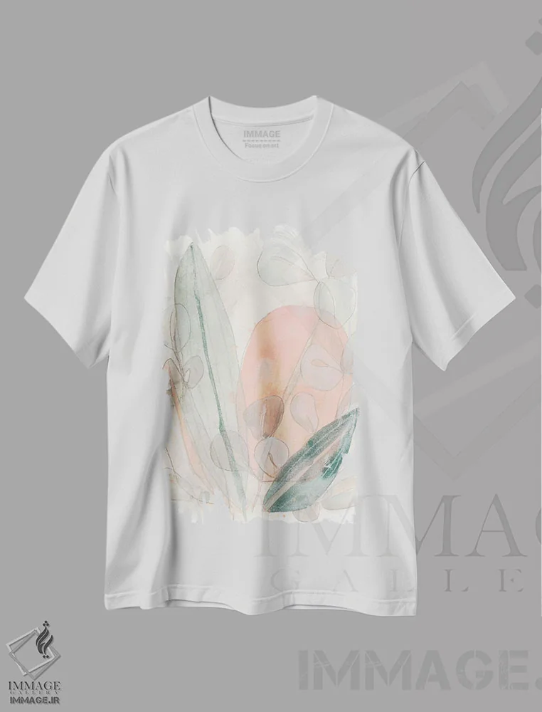 تیشرت سفید طرح دار پراکندگی برگ یک، آبستره اثر جون اریکا وس | فروشگاه ایماژ