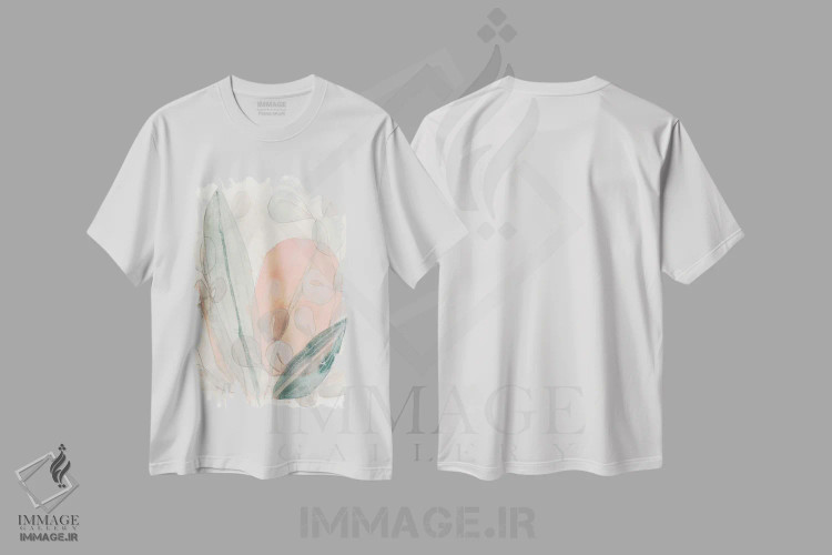 تیشرت سفید طرح دار پراکندگی برگ یک، آبستره اثر جون اریکا وس | فروشگاه ایماژ