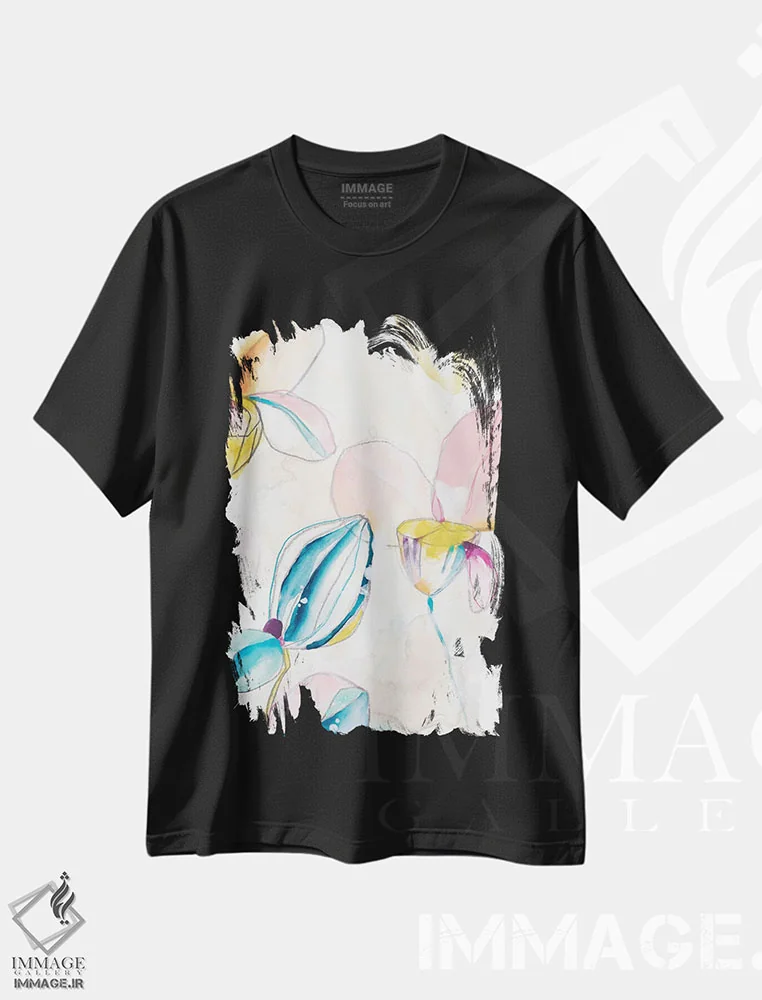 تیشرت مشکی طرح دار پاشش باغ یک، آبستره اثر جون اریکا وس | فروشگاه ایماژ