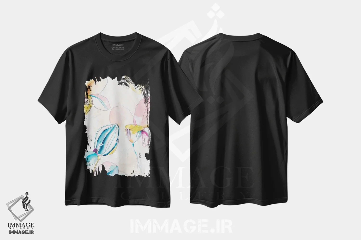 تیشرت مشکی طرح دار پاشش باغ یک، آبستره اثر جون اریکا وس | فروشگاه ایماژ