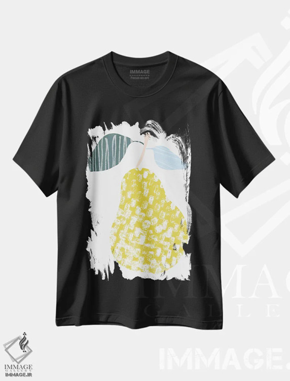 تیشرت مشکی طرح دار میوهٔ بریده از کاغذ یک، تزئینی اثر جون اریکا وس | فروشگاه ایماژ
