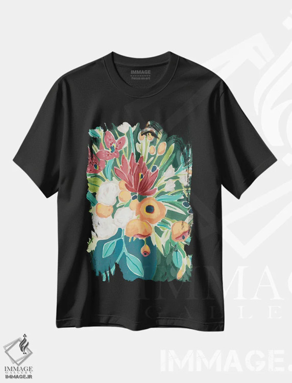 تیشرت مشکی طرح دار دسته گل سرخوش یک اثر جون اریکا وس | فروشگاه ایماژ