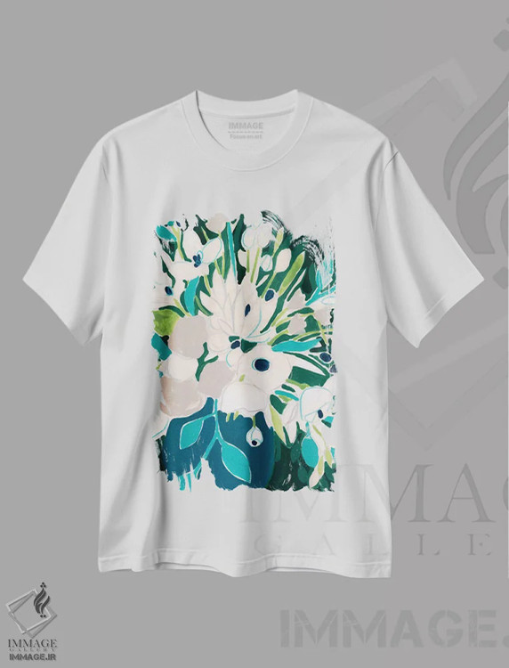 تیشرت سفید طرح دار طرح شکوفه آبی یک اثر جون اریکا وس | فروشگاه ایماژ