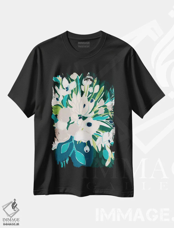 تیشرت مشکی طرح دار طرح شکوفه آبی یک اثر جون اریکا وس | immage.ir