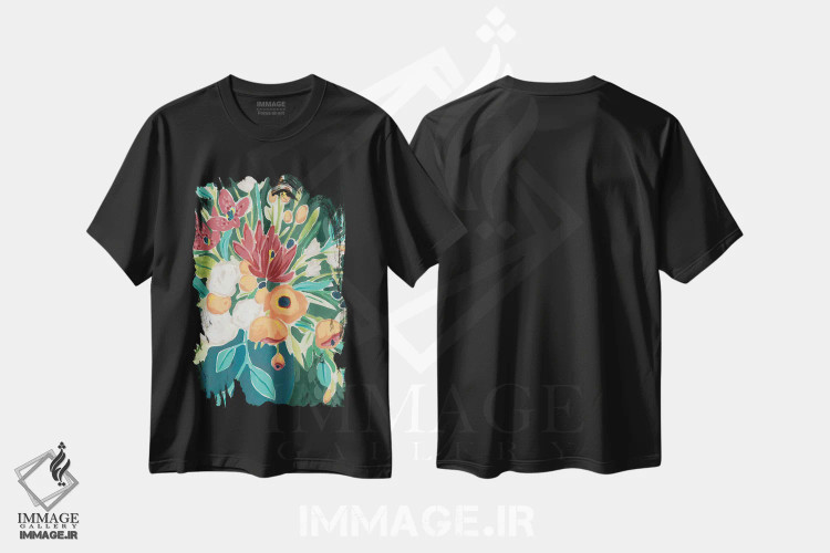 تیشرت مشکی طرح دار دسته گل سرخوش یک اثر جون اریکا وس | فروشگاه ایماژ