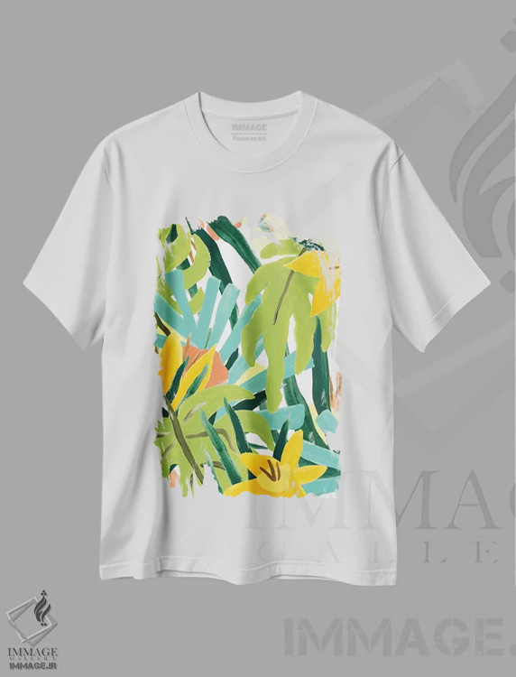 تیشرت سفید طرح دار سقف پوشیده از برگ نخل ۱، تزئینی اثر جون اریکا وس | immage.ir