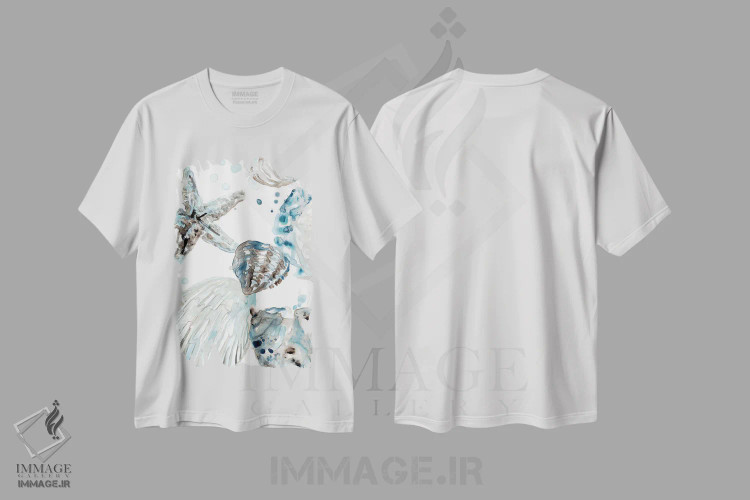 تیشرت سفید طرح دار صدف های آبی آسمانی ۲، تزئینی اثر جون اریکا وس | immage.ir