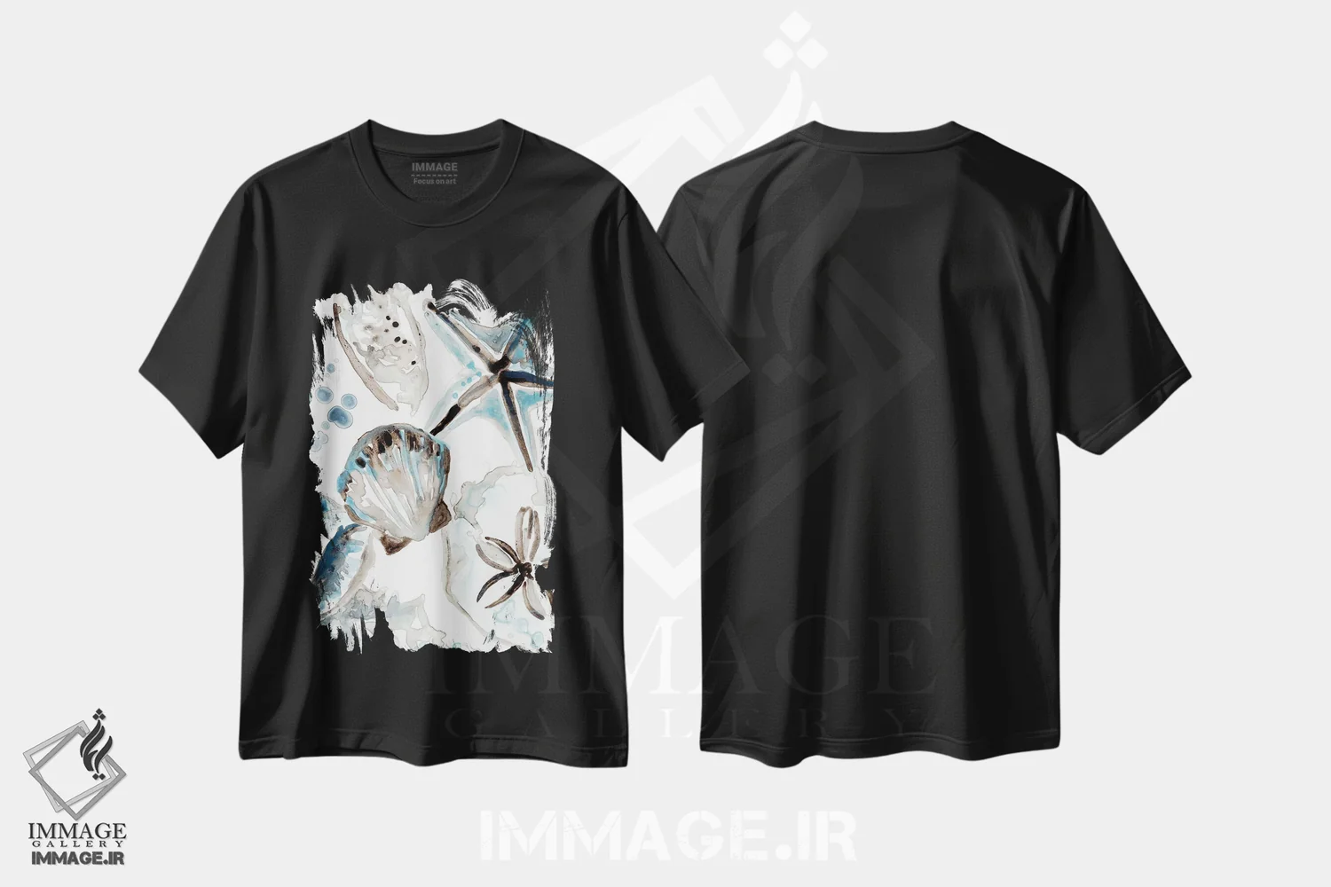 تیشرت مشکی طرح دار صدف های آبی آسمانی ۱، تزئینی اثر جون اریکا وس | immage.ir
