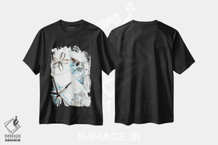 تیشرت مشکی طرح دار صدف های آبی آسمانی ۴، تزئینی اثر جون اریکا وس | فروشگاه ایماژ