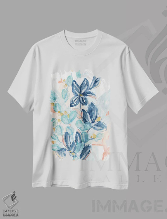 تیشرت سفید طرح دار آبی های شکوفا ۱ اثر جون اریکا وس | immage.ir
