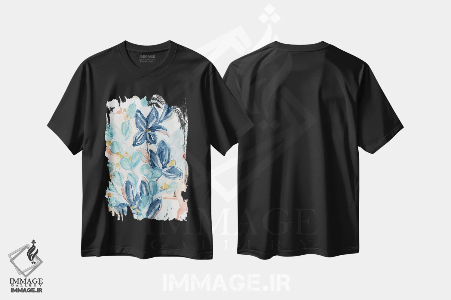 تیشرت مشکی طرح دار آبی های شکوفا ۱ اثر جون اریکا وس | فروشگاه ایماژ