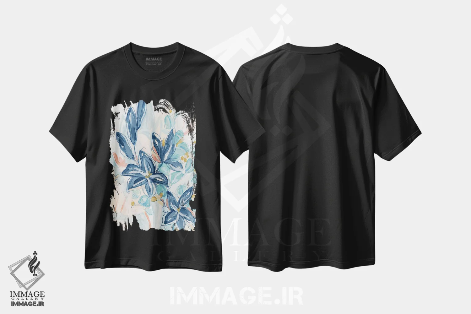 تیشرت مشکی طرح دار آبی های شکوفا ۲ اثر جون اریکا وس | immage.ir
