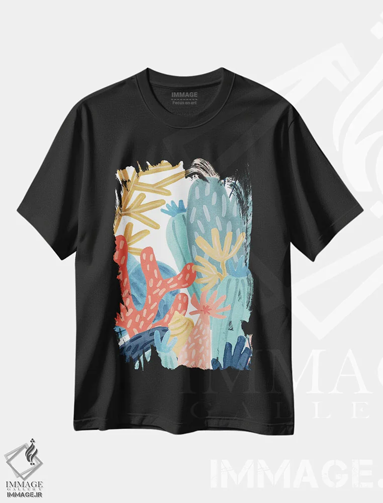 تیشرت مشکی طرح دار تپه مرجانی کاغذی ۲، دکور ساحلی اثر جون اریکا وس | فروشگاه ایماژ